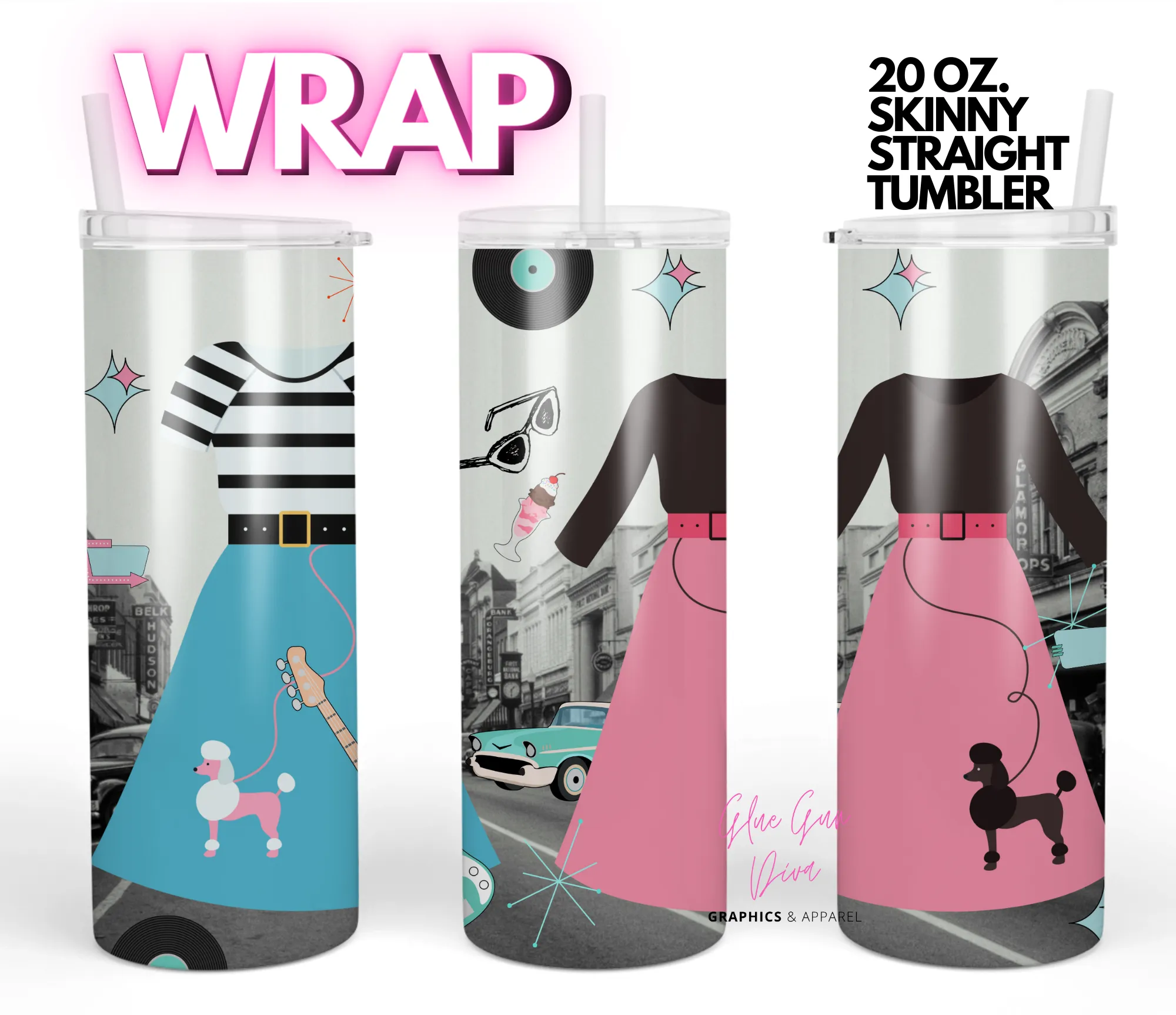 1950s dresses- Digital tumbler wrap for 20 oz skinny straight tumbler