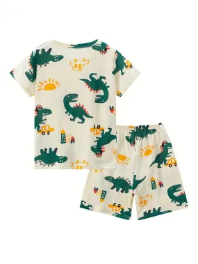 2pcs Boys Summer Loungewear Set – Thin Style Cartoon Dinosaur Print 🦖