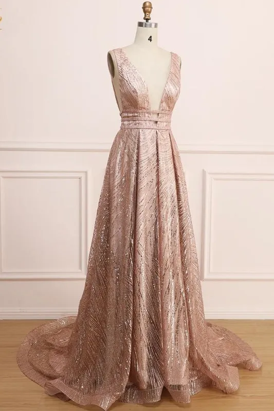 A Line Deep V Neck Long Prom with Sequins Glitter Sleeveless Evening Dress