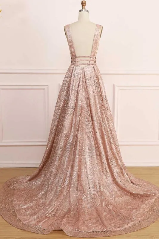 A Line Deep V Neck Long Prom with Sequins Glitter Sleeveless Evening Dress