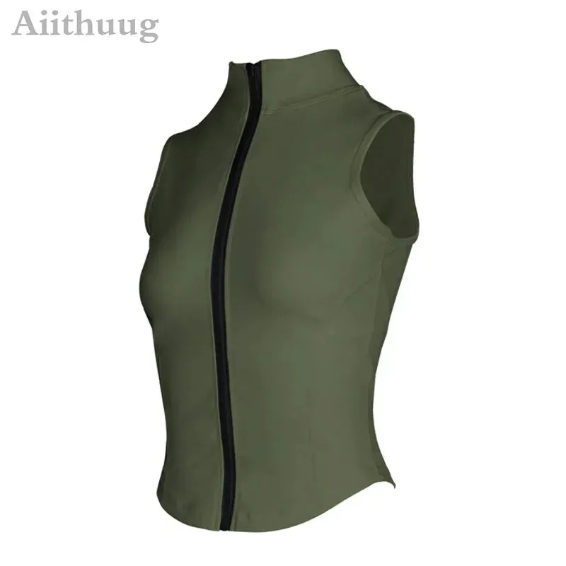 Aiithuug Athletic Zip Up Sweat Vest Jacket Sleeveless Running Yoga Tops High Neck Shirts Sports Top Fitness Women Workout Tops