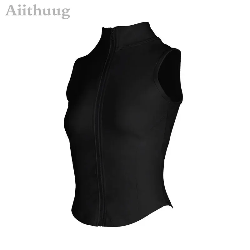 Aiithuug Athletic Zip Up Sweat Vest Jacket Sleeveless Running Yoga Tops High Neck Shirts Sports Top Fitness Women Workout Tops