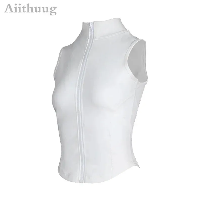 Aiithuug Athletic Zip Up Sweat Vest Jacket Sleeveless Running Yoga Tops High Neck Shirts Sports Top Fitness Women Workout Tops