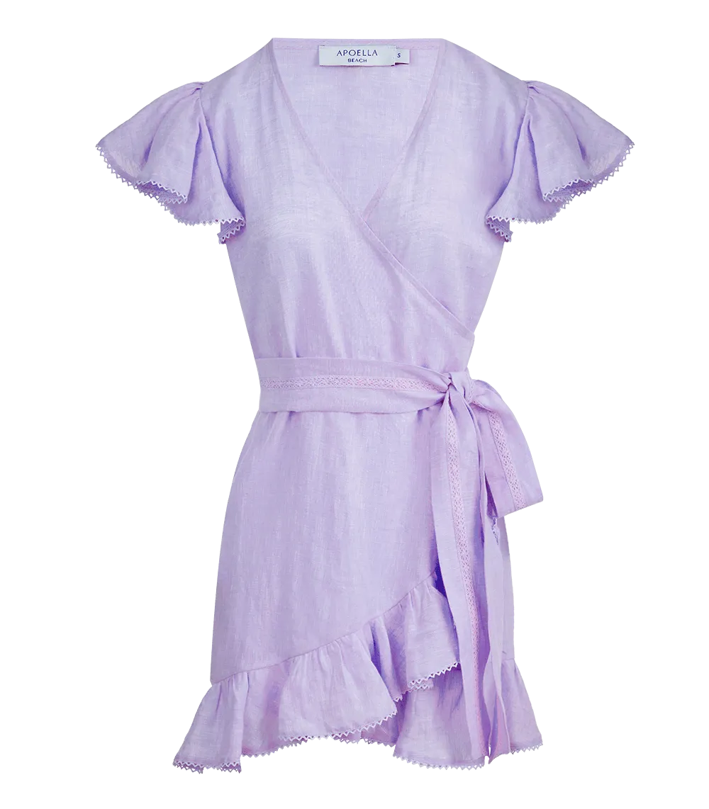 Amalia Lace Linen Mini Wrap Dress Lilac