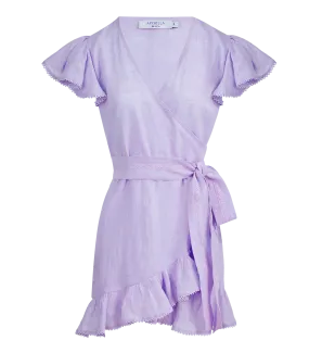 Amalia Lace Linen Mini Wrap Dress Lilac