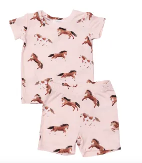 Angel Dear Kids Loungewear Pajamas Short Set in Horses Pink