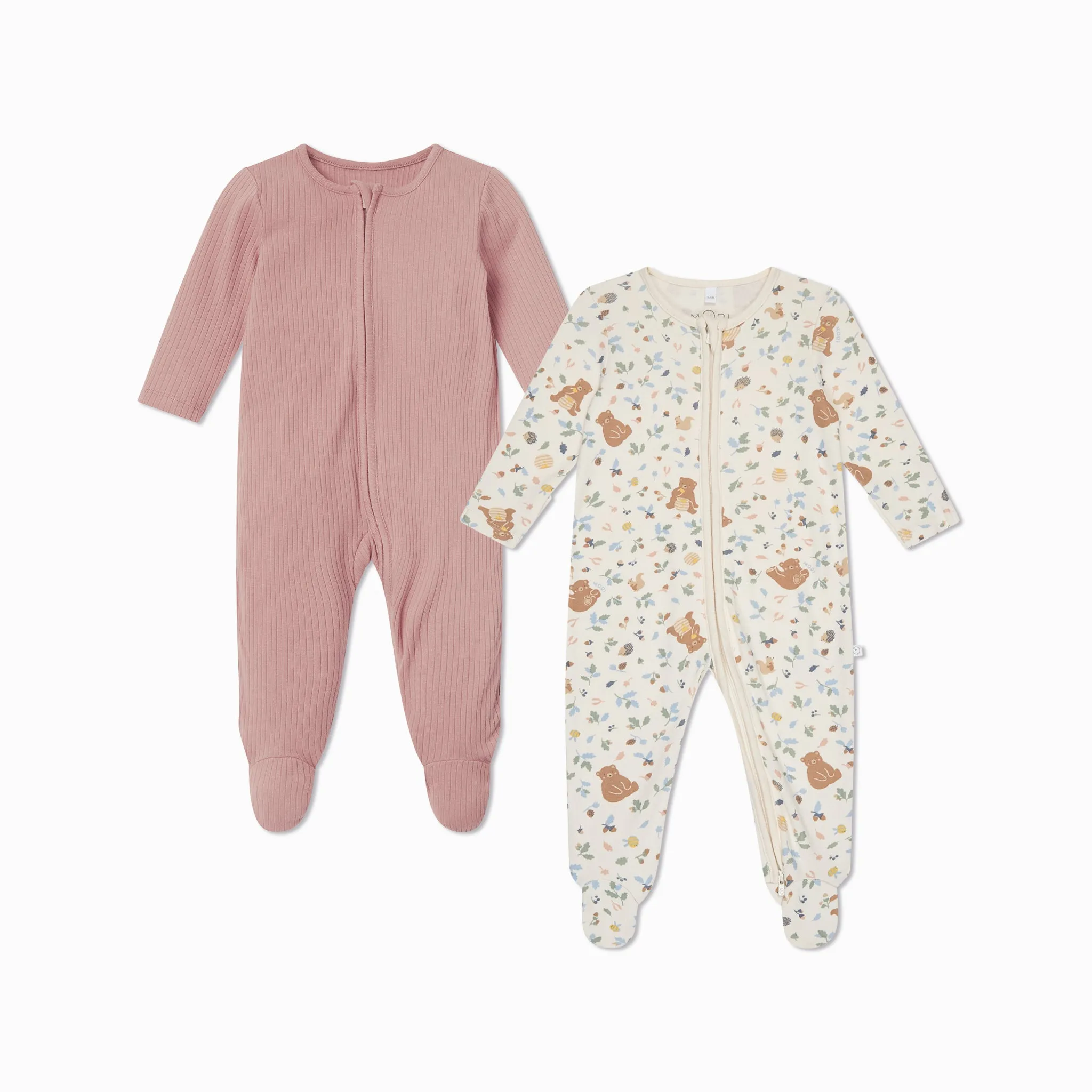 Bear Print & Ribbed Clever Zip Baby Pajamas 2 Pack