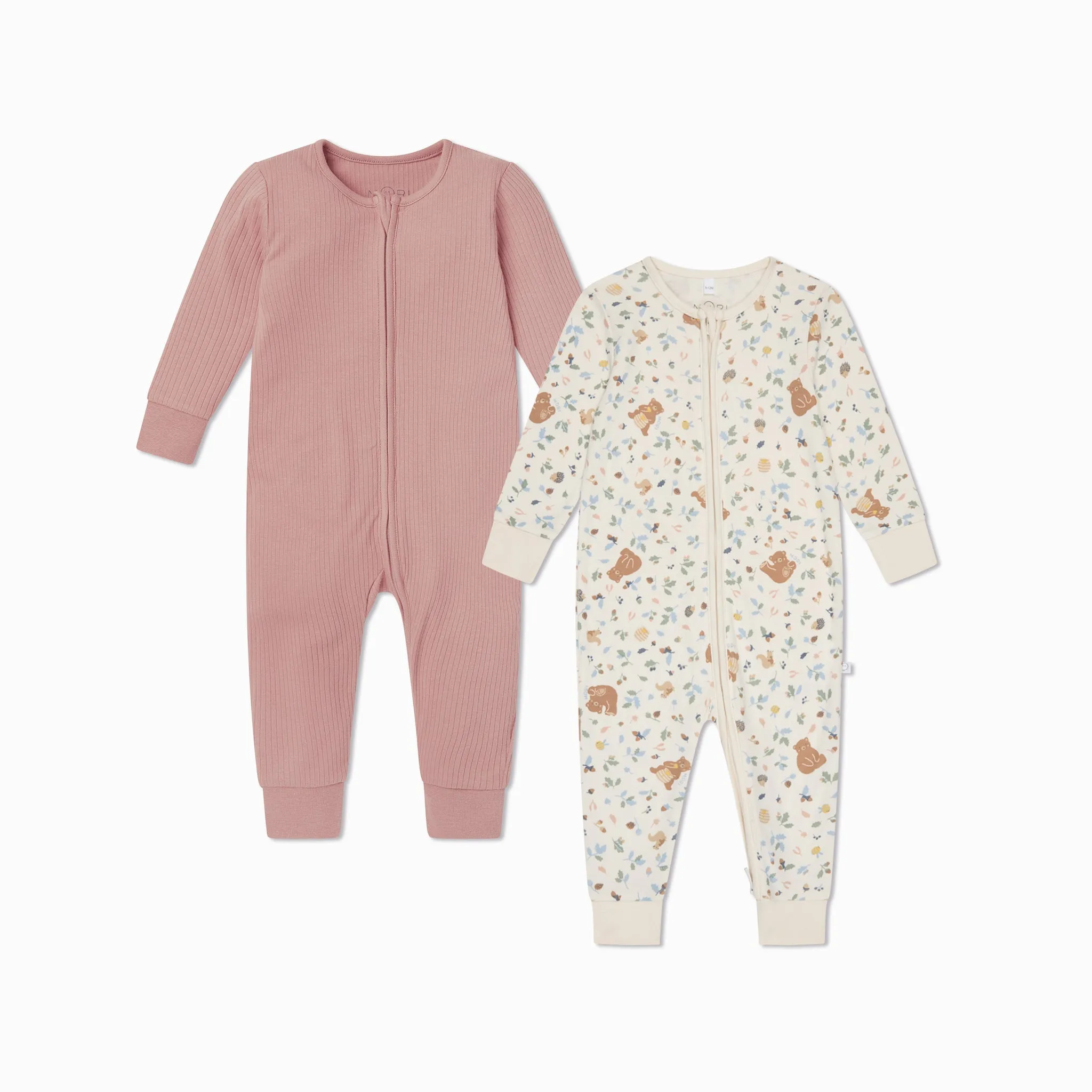 Bear Print & Ribbed Clever Zip Baby Pajamas 2 Pack