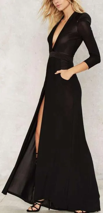 Black Low-Cut Stretchy Evening Maxi Dress