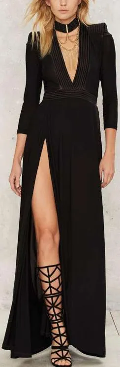 Black Low-Cut Stretchy Evening Maxi Dress