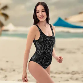 Black Marble Print Women's Swimwear, Best Abstract Graphic Printed One-Piece Ladies Swimsuit-Made in USA/EU/MX