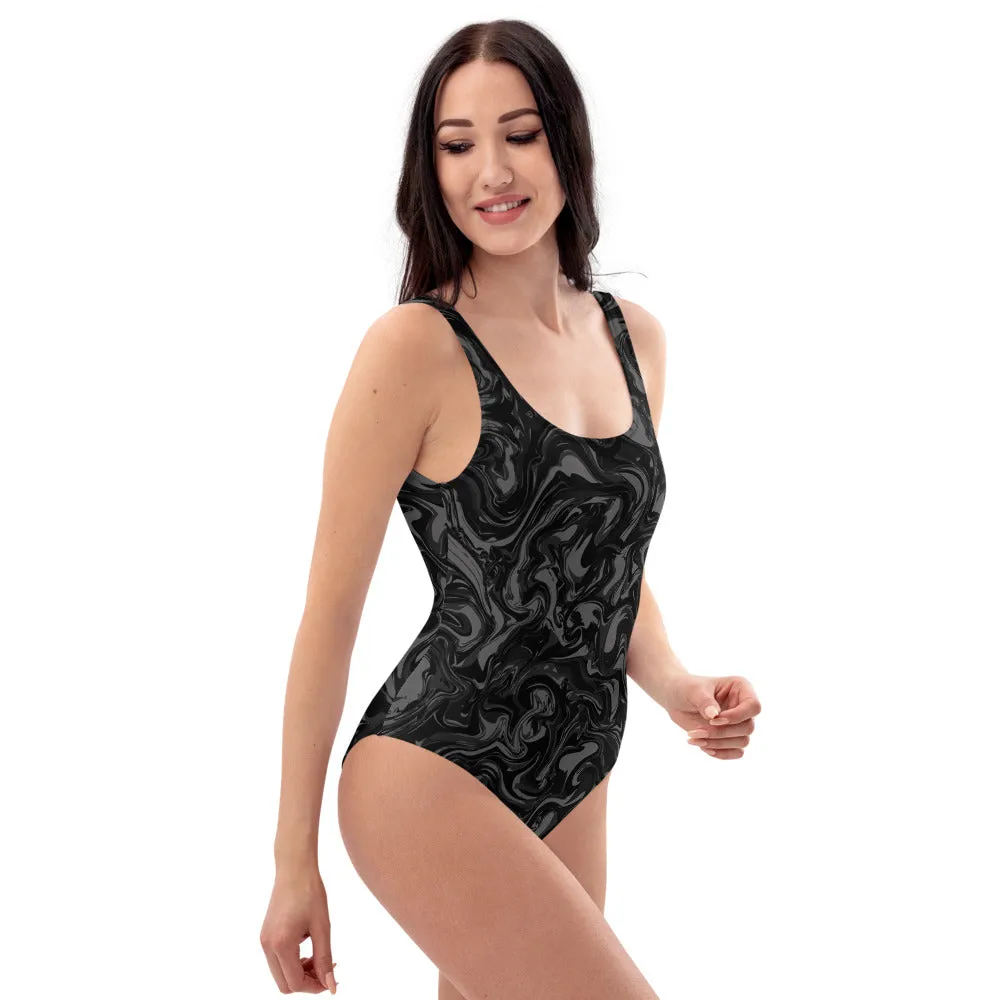 Black Marble Print Women's Swimwear, Best Abstract Graphic Printed One-Piece Ladies Swimsuit-Made in USA/EU/MX