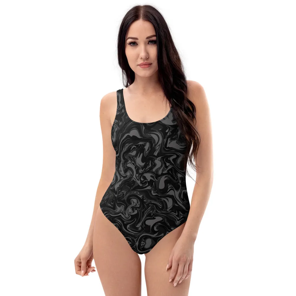 Black Marble Print Women's Swimwear, Best Abstract Graphic Printed One-Piece Ladies Swimsuit-Made in USA/EU/MX