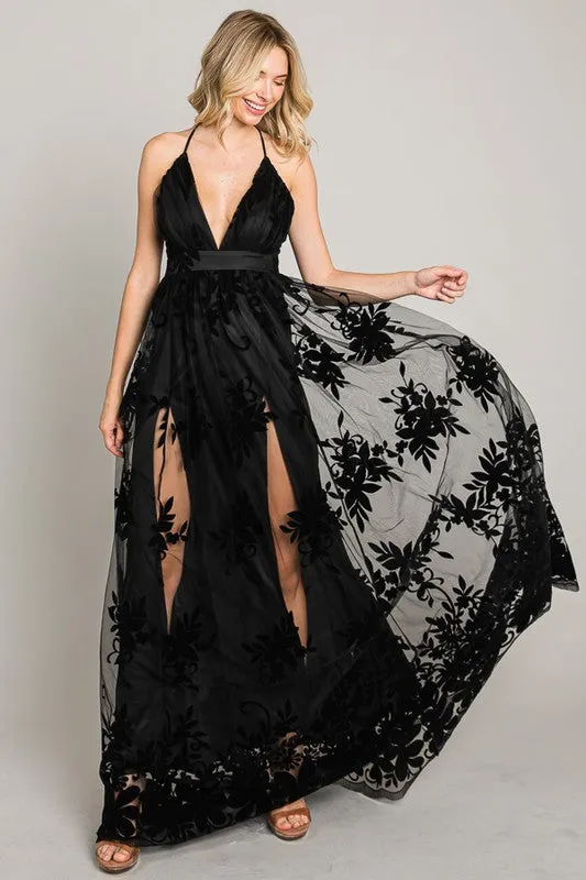 Black Velvet Print Maxi Dress