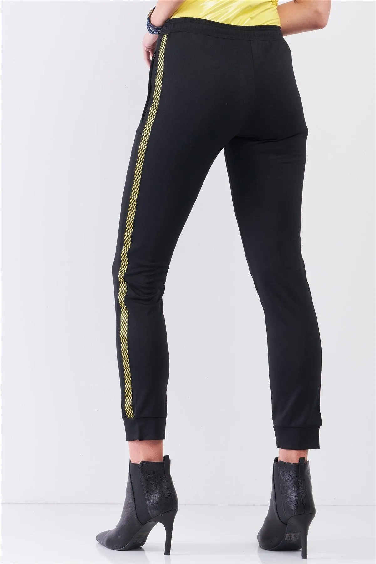 Black Yellow Checkered Side Tape Elastic Waist Sweatpants /1-2-2