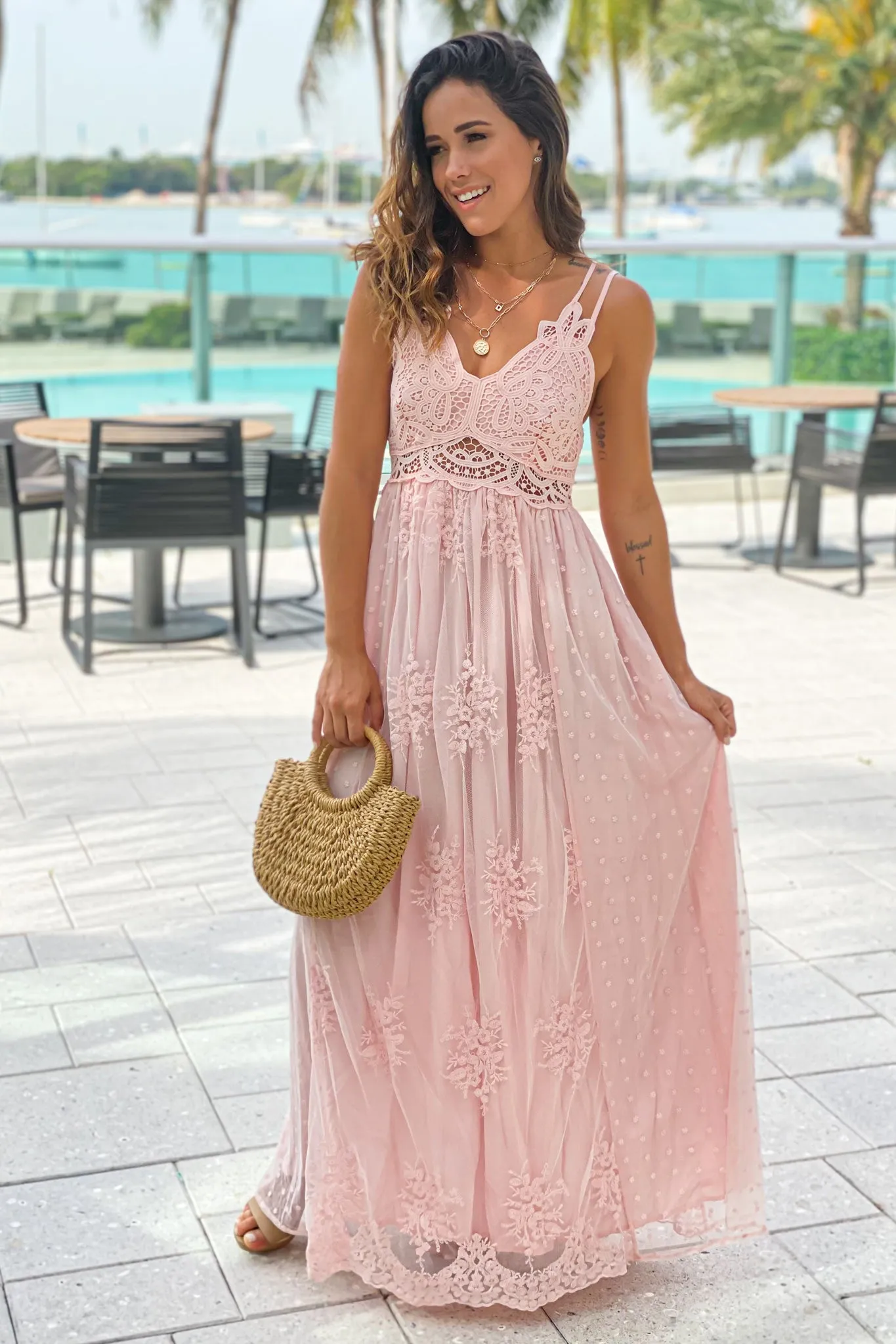 Blush Lace Maxi Dress With Crochet Top