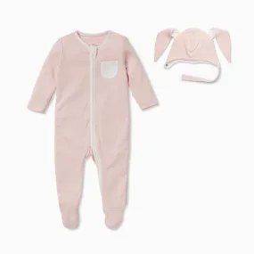 Blush Stripe Clever Zip Baby Pajamas & Bunny Bonnet Set