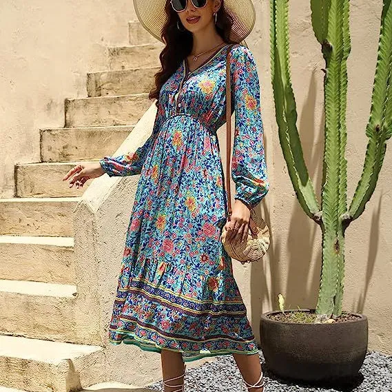 Bohemian Print High-Waist A-Line Cotton Long Wholesale Womens Dress N3823100900022