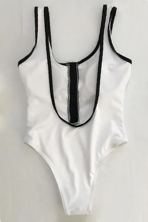 Button Patchwork Backless One-piece Swimwear