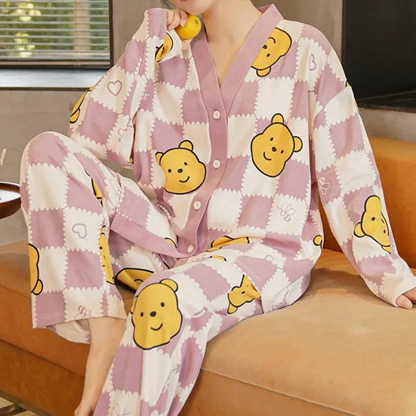 Button V-Neck Cartoon Long-Sleeved Home Pajamas