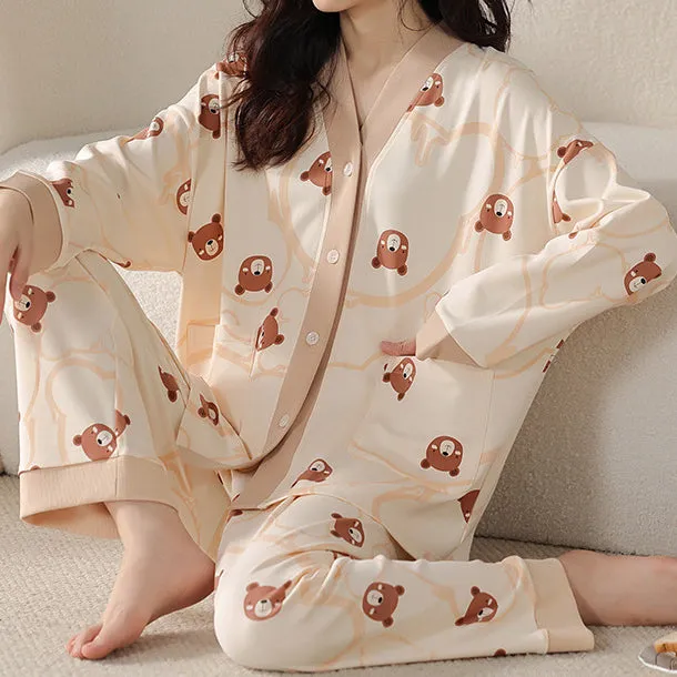 Button V-Neck Cartoon Long-Sleeved Home Pajamas