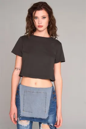 Charcoal Short Sleeve Round Neck Petal Split Back Detail Crop Tee /1-2-2-1