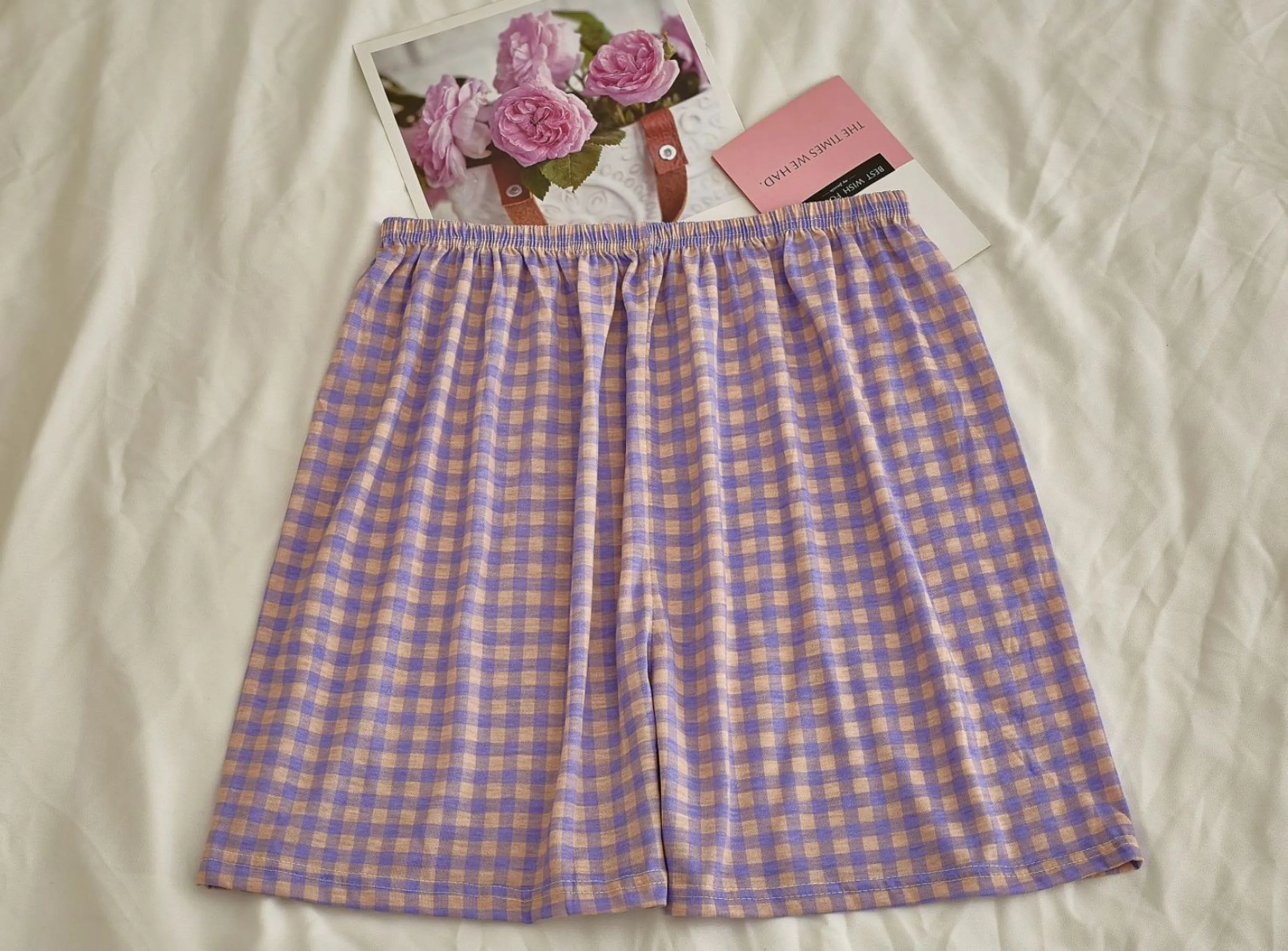 Comfy Padded Tank Shorts Set / Blue Top   Green Gingham