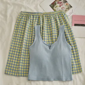 Comfy Padded Tank Shorts Set / Blue Top   Green Gingham