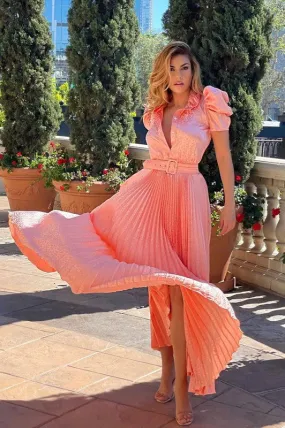 Coral Summer Fashion Pleated Dress