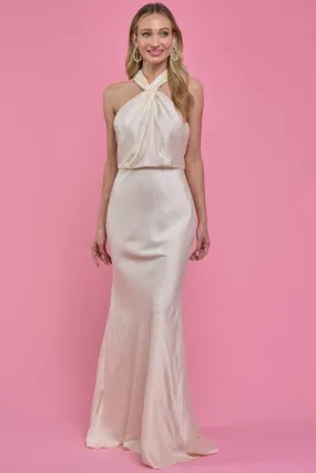 Cream Cross Neck Cut Out Back Satin Maxi Dress