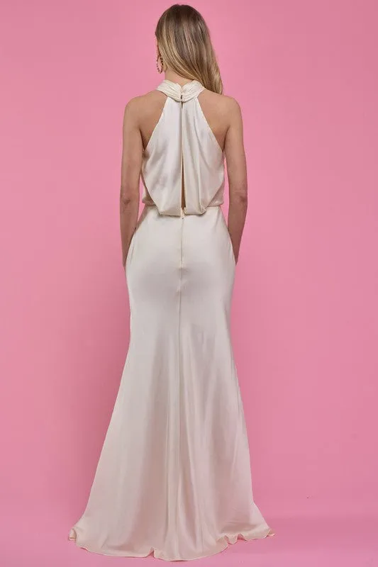 Cream Cross Neck Cut Out Back Satin Maxi Dress