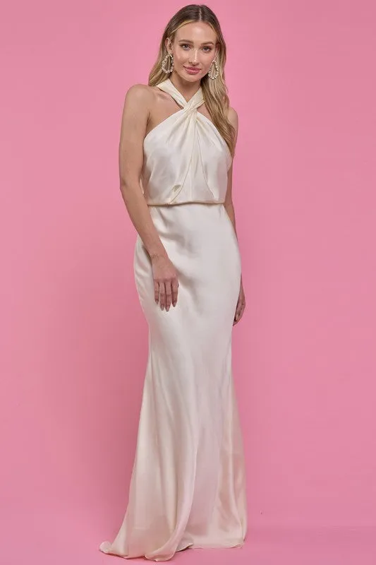 Cream Cross Neck Cut Out Back Satin Maxi Dress