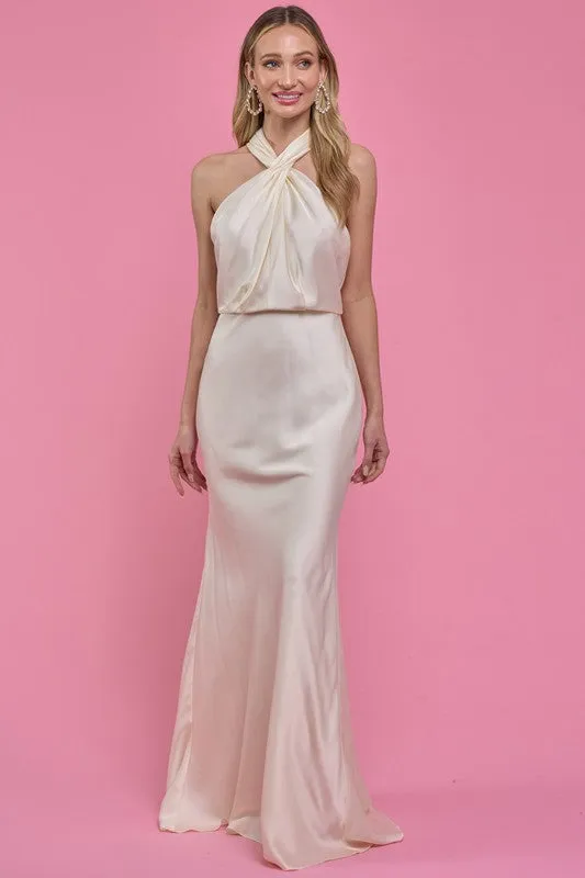 Cream Cross Neck Cut Out Back Satin Maxi Dress