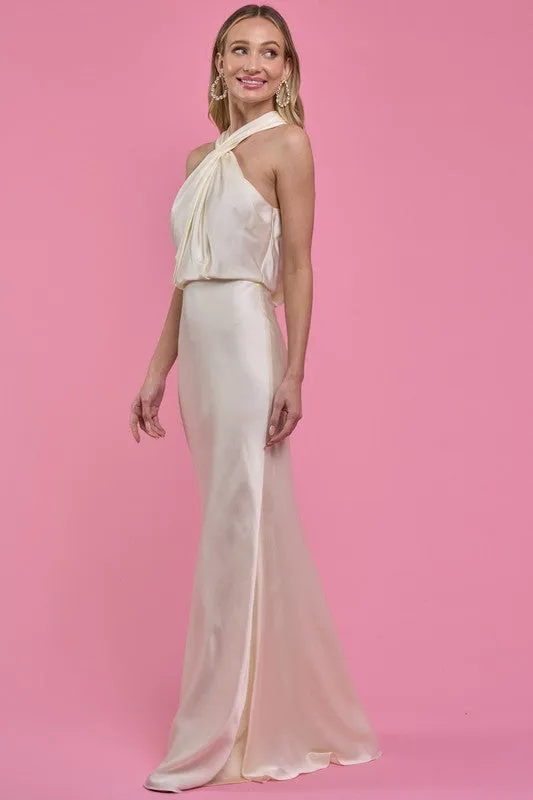 Cream Cross Neck Cut Out Back Satin Maxi Dress