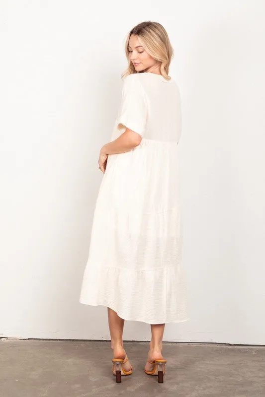 Cream Frayed Detail Soft Crinkle Gauze Midi Dress