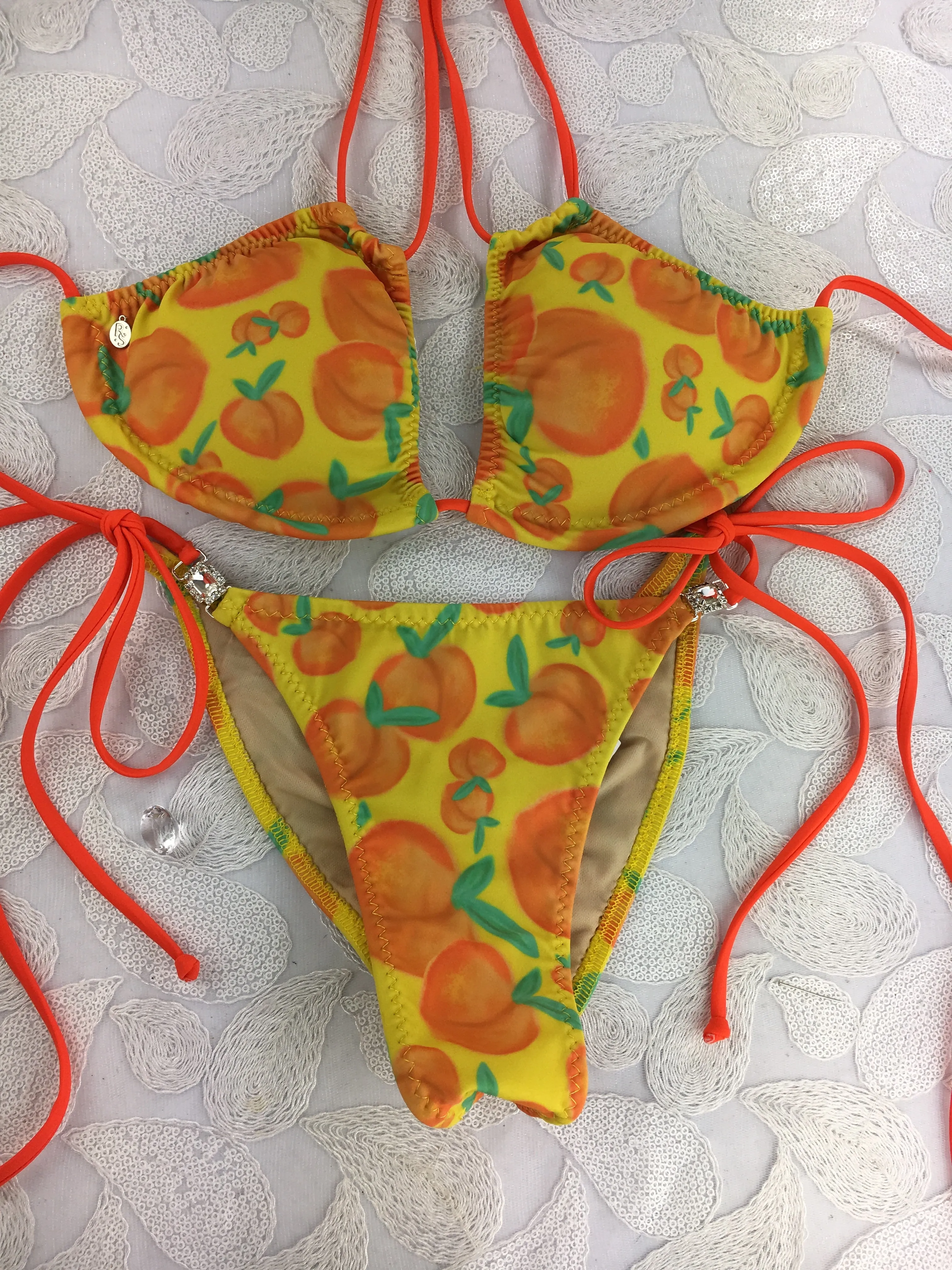 Custom Ravish Peach/Peaches tie string bikini w/Embellishment Limited Time $89.99***(SUIT SOLD PER PIECE OR SET, price varies)