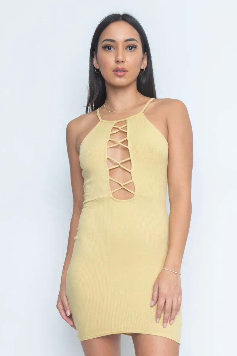 Cut Out Front Sleeveless Ribbed Mini Dress (ED611)