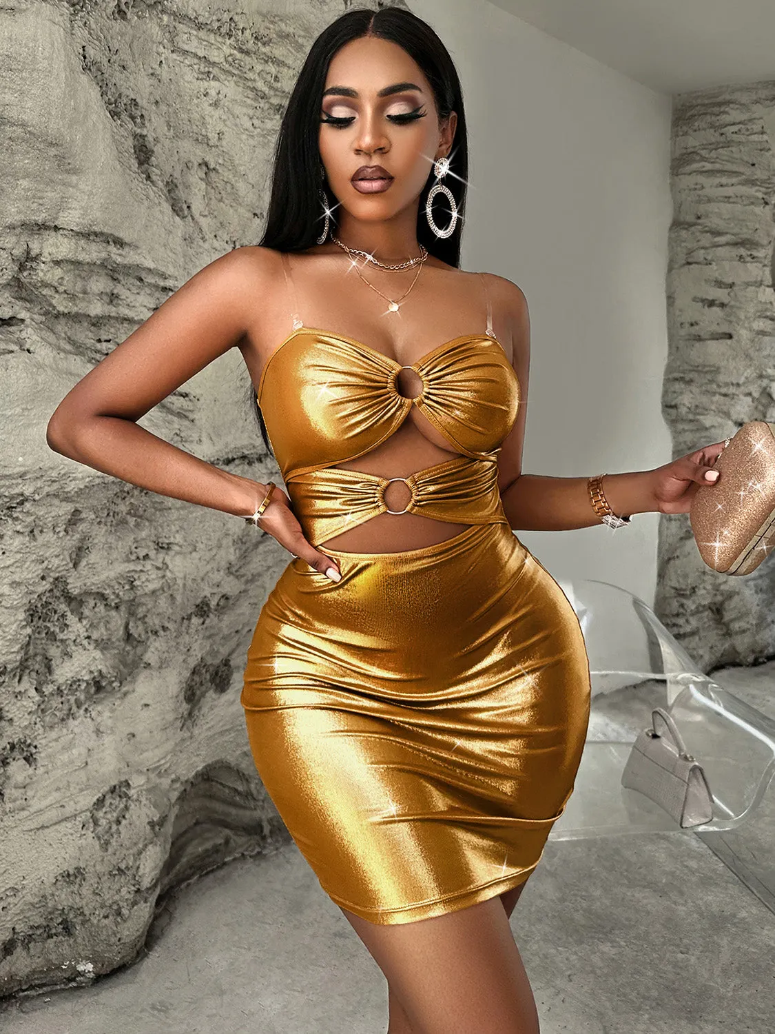 Cutout Sweetheart Neck Cami Sexy Gold Mini Party Dress