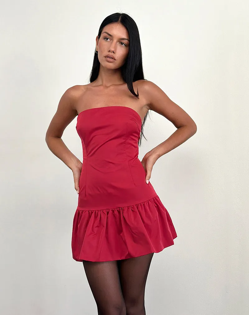 Denama Puffball Mini Dress in Deep Red