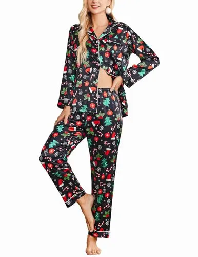 Ekouaer Women's Satin Pajama Set 2-Piece Sleepwear Loungewear Long Sleeve Button Down Pj Set(02 Black,Medium)