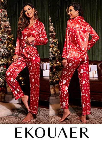 Ekouaer Women's Satin Pajama Set 2-Piece Sleepwear Loungewear Long Sleeve Button Down Pj Set(02 Black,Medium)