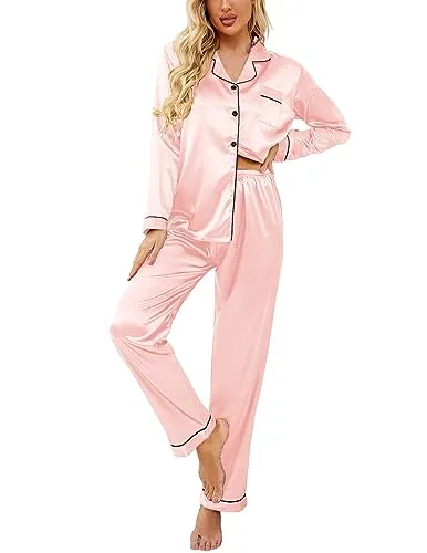 Ekouaer Women's Satin Pajama Set 2-Piece Sleepwear Loungewear Long Sleeve Button Down Pj Set(02 Black,Medium)