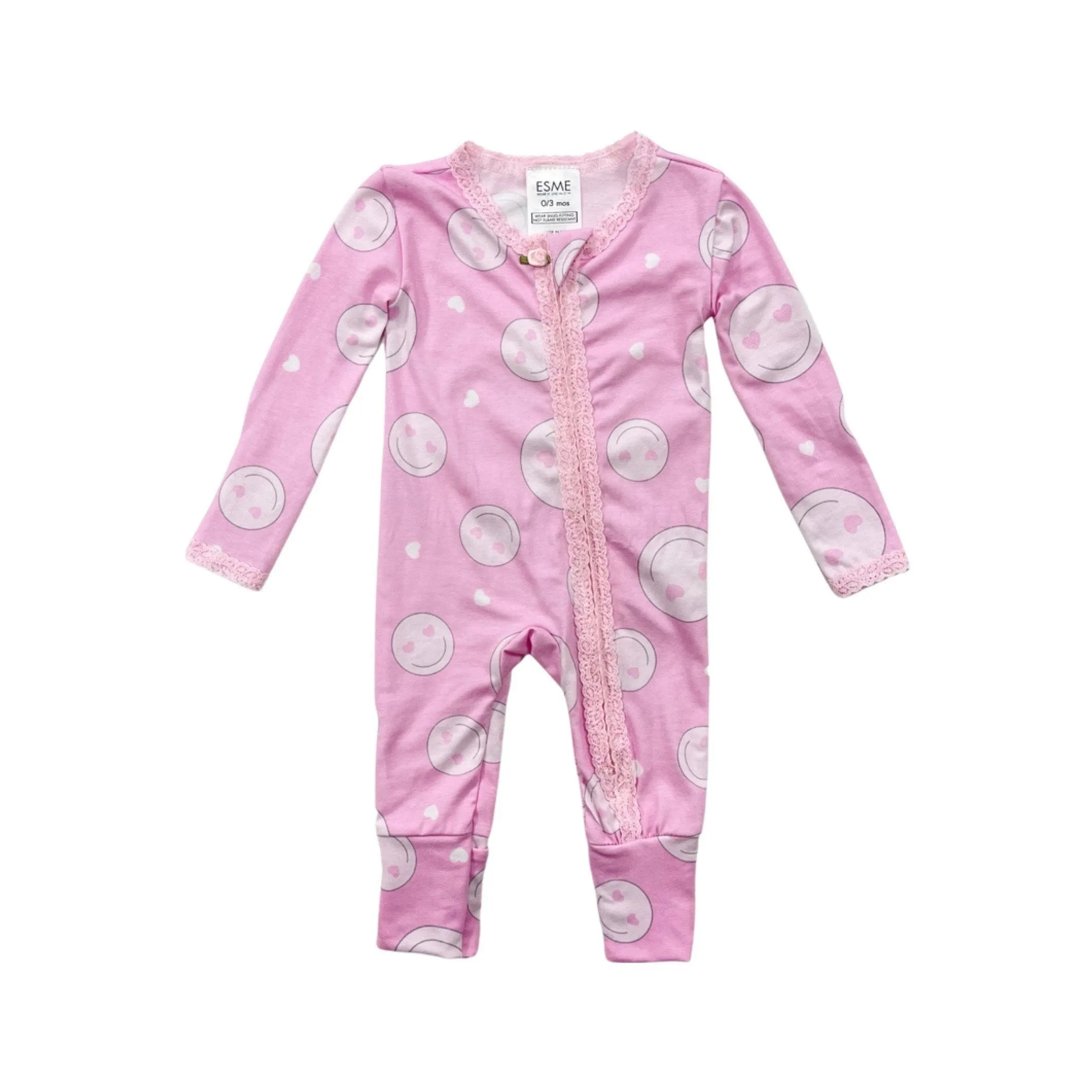 Esme Pink Smiley Infant Flip Footie w/Lace Trim