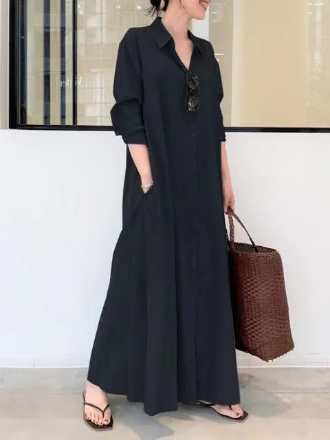 Fashion Women Dress Summer Casual Dresses Linen Vintage Maxi Casual Ladies Shirt Dresses B-15696