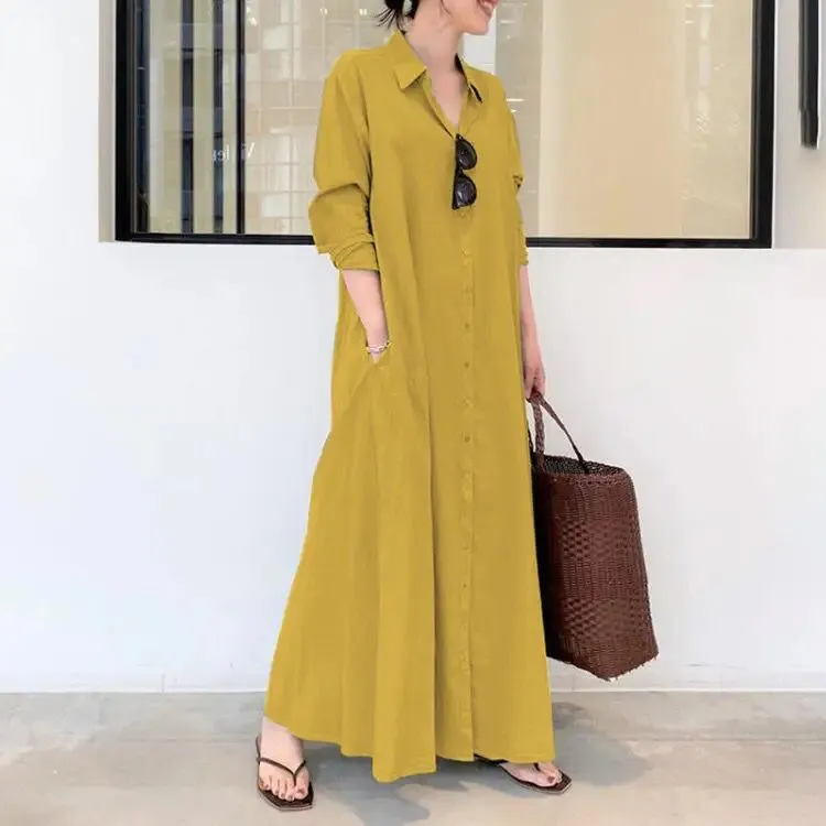 Fashion Women Dress Summer Casual Dresses Linen Vintage Maxi Casual Ladies Shirt Dresses B-15696