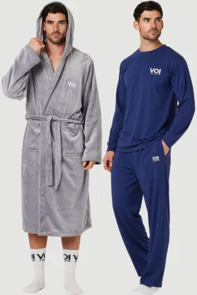 Fleece Dressing Gown & Cotton PJ Set Bundle - Grey/Navy