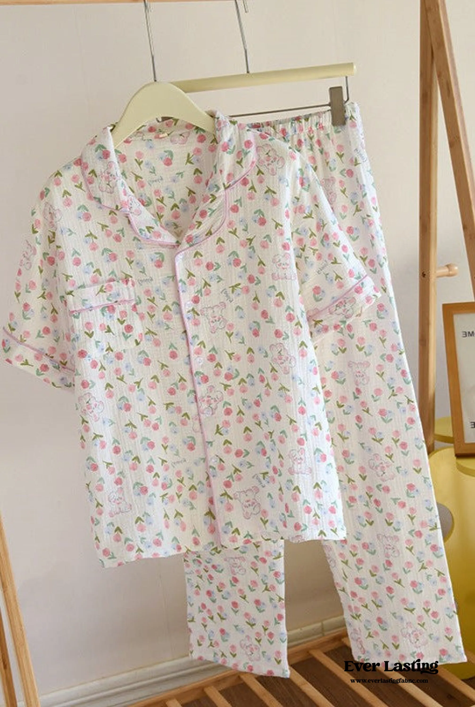 Floral Garden Short Sleeves and Pants Cotton Pajama Set / Beige