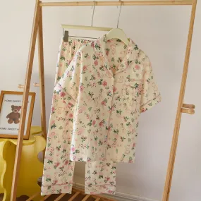 Floral Garden Short Sleeves and Pants Cotton Pajama Set / Beige