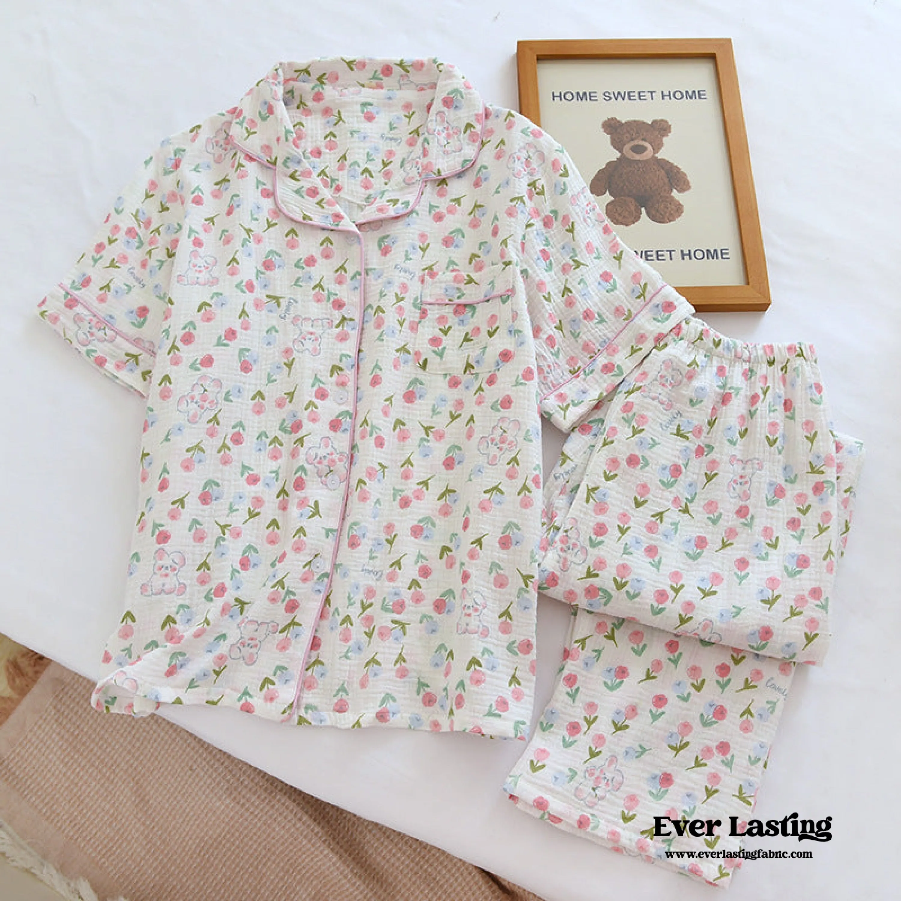 Floral Garden Short Sleeves and Pants Cotton Pajama Set / Beige