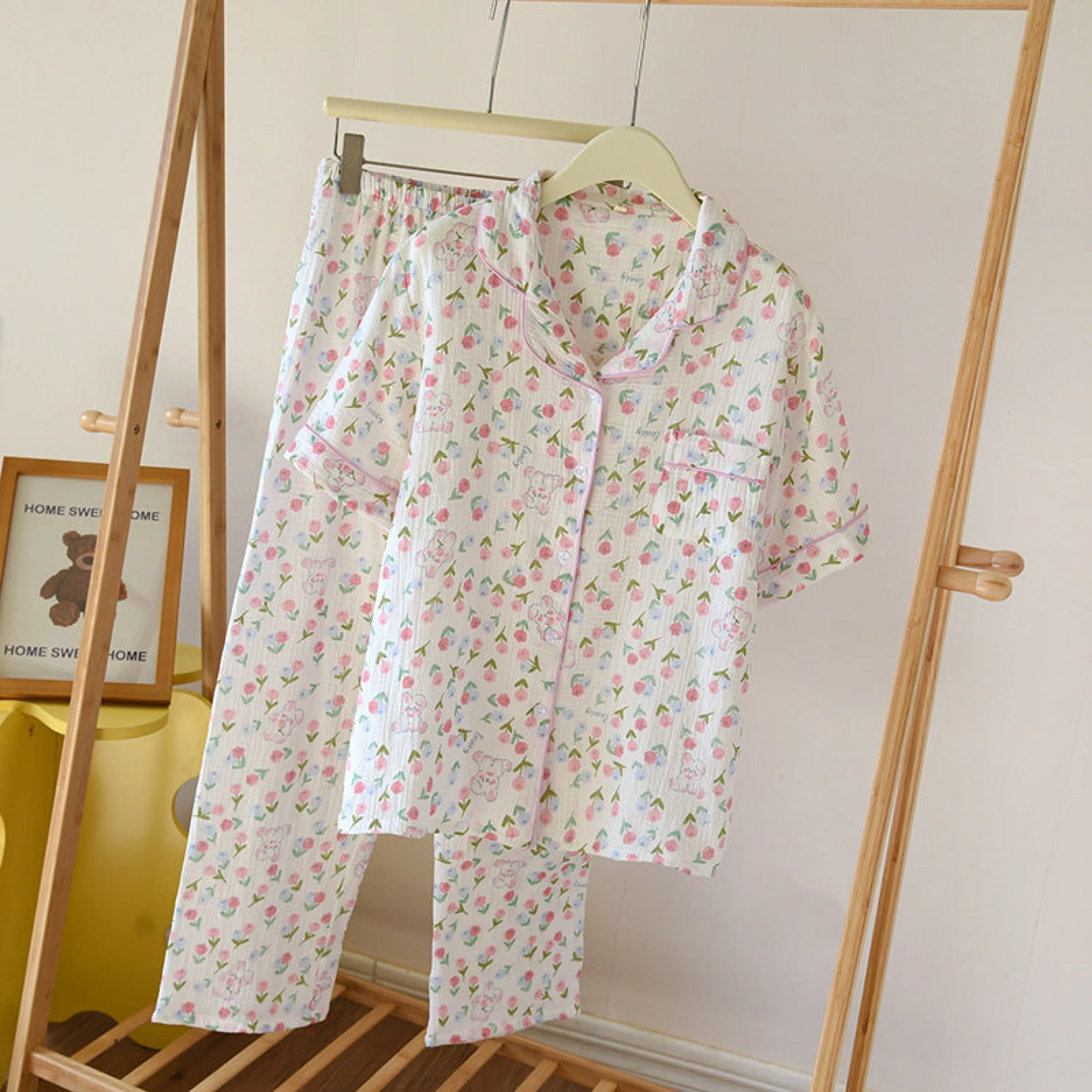 Floral Garden Short Sleeves and Pants Cotton Pajama Set / Beige